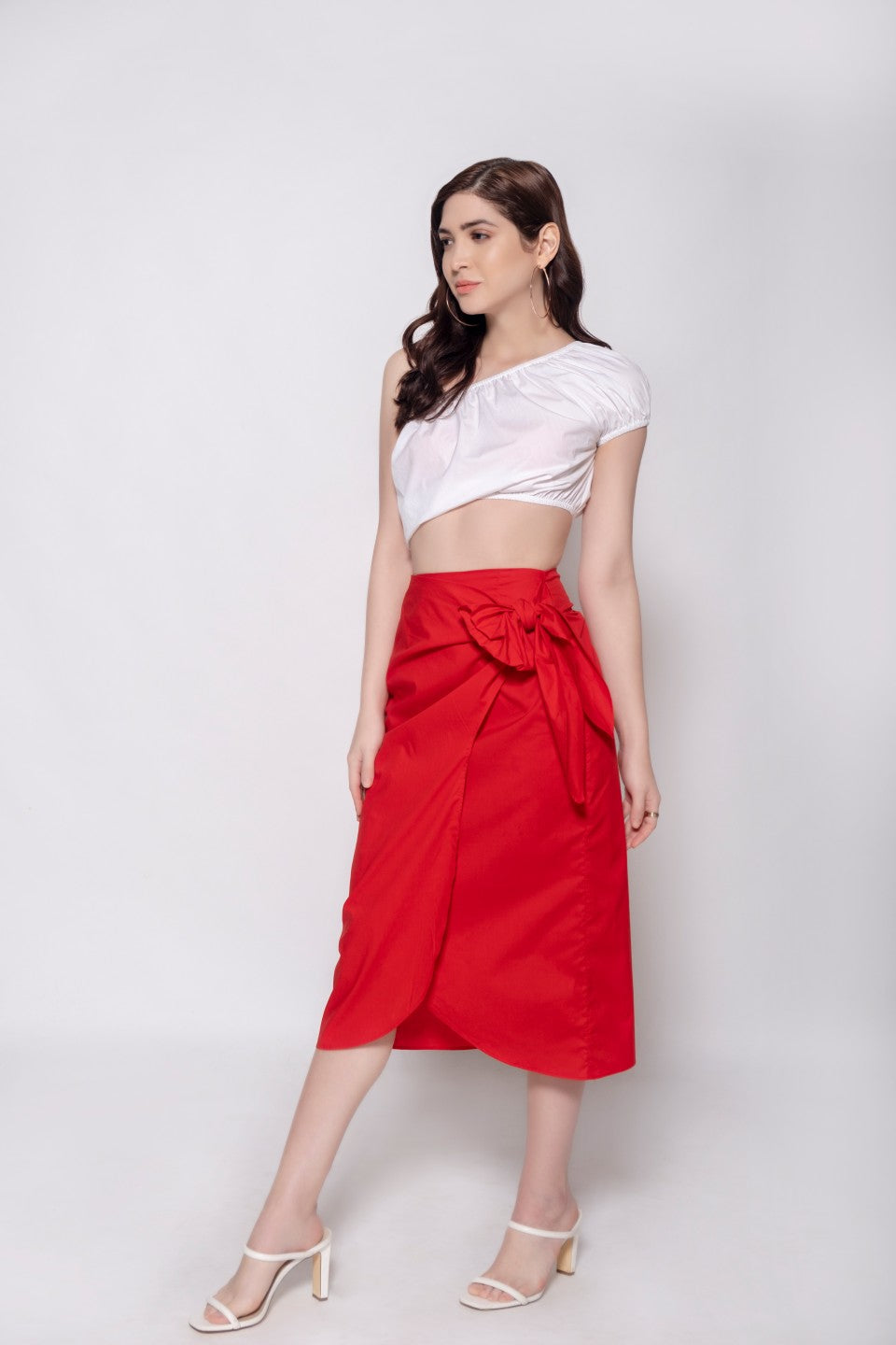 White Balloon Crop Top + Red Wraparound Style Skirt